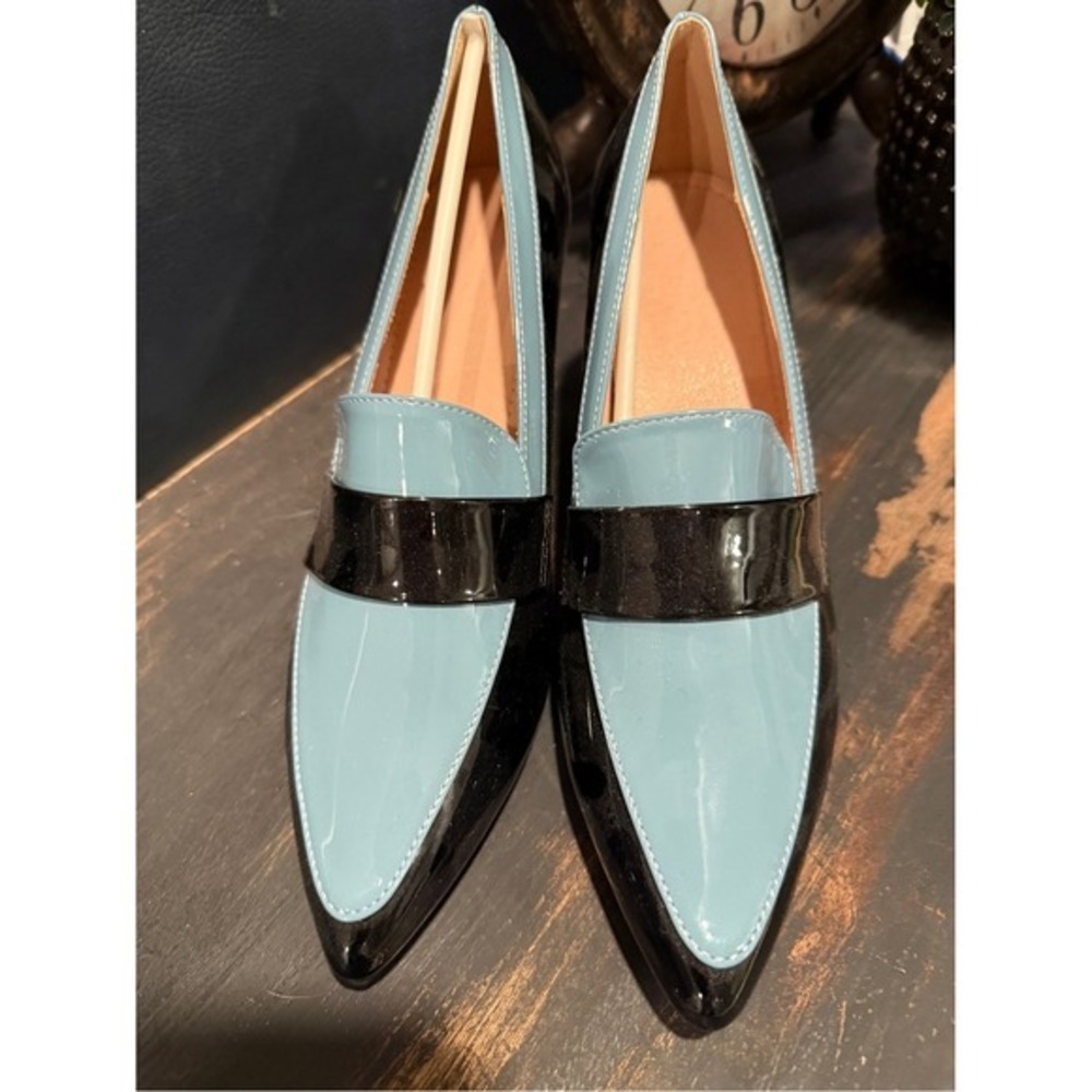 Black and Light Blue Patent Pointed-Toe Women's Heels - Picture 1 of 8
